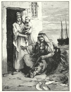 A Fisherman Mending His Nets, Sea of Tiberias (lithograph) by Henry Andrew Harper