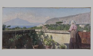 Woman on the terrace of the Cocumella Hotel. View of Vesuvius