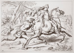 How Martin Lightfoot over-takes Hereward, illustration from Hereward the Great by Charles Kingsley, pub. 1870, engraved by C.G. Lewis by Henry Courtney Selous