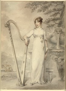 Full-Length Portrait of "Miss V. Dupuis" Resting Her Arm on a Harp. In the Background a Fountain and a Landscape with Deer by Henry Edridge