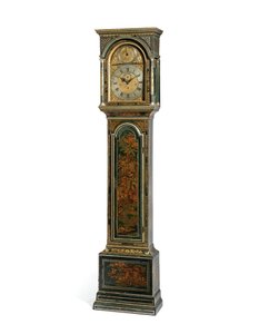 George III blue Japanned quarter striking long case clock, York by Henry Hindley