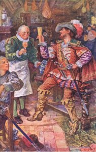 Michael Lambourne drinks with the landlord of the Black Bear, illustration from Kenilworth by Henry Justice Ford