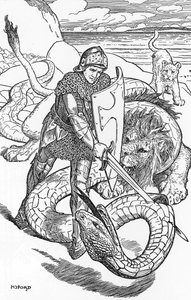 Percival fighting the serpent Illustration by HJ Ford (1860-1940) from “The book of romance” 1902 Private collection by Henry Justice Ford