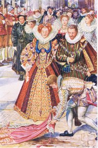 Walter Raleigh sacrifices his cloak for Queen Elizabeth, illustration from Kenilworth