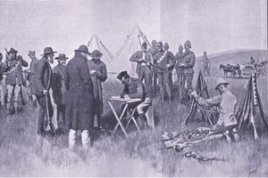 Swearing the oath of neutrality (illustration from After Pretoria: The Guerilla War, 1902) by Henry Marriott Paget