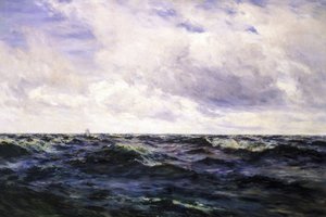 Seascape, with a boat sign on the left, and a cutter represented in the middle of a race on the right, both represented at a very great distance by Henry Moore
