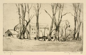 Hospital-like building seen between large trees by Henry Nielsen