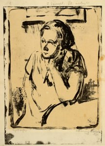 Woman Sitting at Round Table with Hand Under Chin