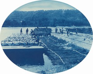 Construction of Rock and Brush Dam, Low Water, 1891