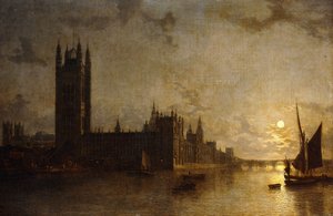Westminster Abbey, The Houses of Parliament with the Construction of Westminster Bridge by Henry Pether
