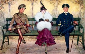 Girl on bench, with soldier and sailor on either side