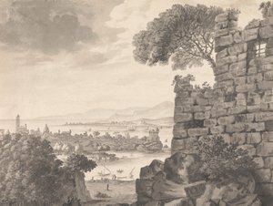 Landscape with Ruins in the Foreground, Harbor and Village, in Background