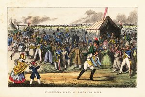 English gentlemen gambling on an unusual foot race during a horse-racing meet on the Champs de Mars, Paris by Henry Thomas (after) Alken
