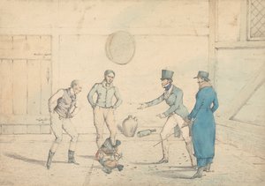 A Cock-Fight Watched by Four Men in an Out-House: The Fight, Engraved as Plate 39 in "The National Sports of Great Britain" by Henry Thomas Alken