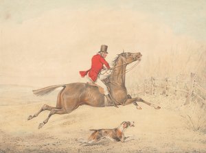 Rider on a Brown Horse About to Jump a Rail Fence to the Right