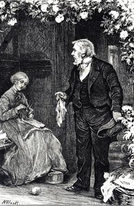 Engraving depicting a woman knitting by Henry Woods
