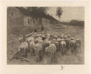 Shepherd and a Woman with a Flock of Sheep by Herman Johannes van der Weele (signed by artist)