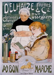 Lady and maid, poster for company Delhaize Freres et Cie au bon marche