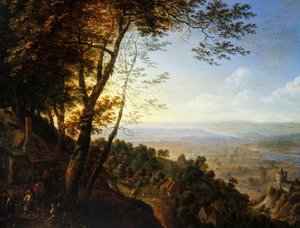 A wooded landscape with peasants by a cottage