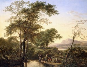 An Extensive Italianate River Landscape with Travellers by a Pool