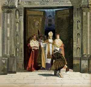 Abjuration of Henry IV in the abbey of Saint Denis in the presence of the arch of Bourges, Renaud de Beaune. The king abjure Protestantism on 25 July 1593. Illustration by Hermann Vogel in Henri IV