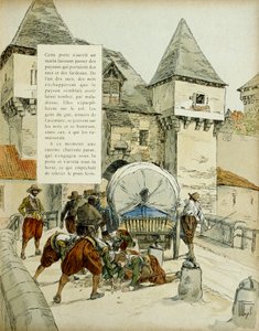 Amiens surprise. The Spaniards used a trick to take the city of Amiens, 11 March 1597 by blocking the harrow with a cart. Illustration, 1907, by Hermann Vogel