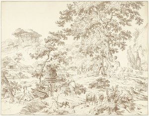 Arcadian Landscape with Bathing Woman by Hermanus Fock
