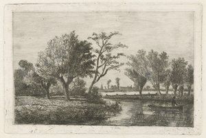 River with an angler in a boat by Hermanus Jan Hendrik van Rijkelijkhuysen