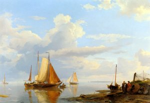 Figures Coming Ashore in a Calm / Shipping in a Calm by Hermanus Koekkoek