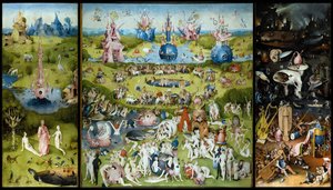 The Garden of Earthly Delights (left panel: Creation of Adam and Eve, central panel: lovers enjoying fruits, right panel: Hell)