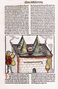 Illustration of a late 15th century distillery to extract the essential oils of plants by Hieronymus Brunschwig