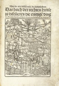 Title page, illustrating herbal distilleries with figures in a landscape by Hieronymus Brunschwig