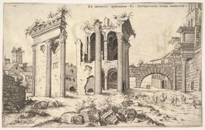 View of unidentified ruins with trabeated facade at left, arcades at center, and arch at right by Hieronymus Cock