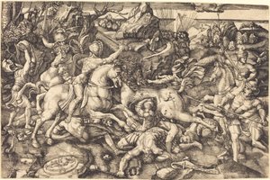 Combat between Horsemen and Foot Soldiers by Hieronymus Hopfer after Raphael