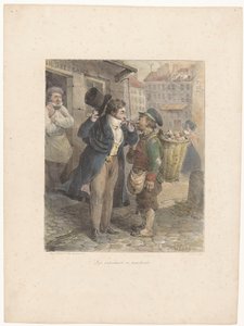 Well-Dressed Gentleman Lighting His Cigar from a Worker in Rags (series title: Lithographic Sketches) by Hippolyte Bellange