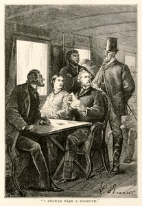 I should play a diamond, from Around the World in Eighty Days by Jules Verne, engraved by Adolphe François Pannemaker, 1873 by Hippolyte Leon after Benett