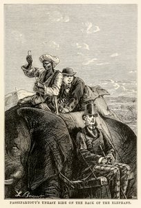 Passepartouts uneasy ride on the back of the elephant, from Around the World in Eighty Days by Jules Verne