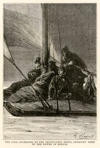 The cold, increased by the tremendous speed, deprived them of the power of speech, from Around the World in Eighty Days by Jules Verne, engraved by Adolphe François Pannemaker