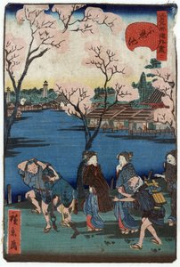 Shinobazu Pond, Tokyo, Japan: Group of People Walking Along the Bank of the Shinobazu Pond, with Cherry Blossoms and Dwellings in the Background