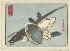 Flatfish, Abalone, and Berries by Hiroshige (I) , Utagawa