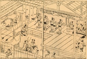 Kabuki performance in the Shijo river-bed, 1658, 1924