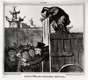 Arrival in Peking of American ambassadors. In series En Chine, illustration by Honore Daumier, published in Charivari, dated 13 October 1859