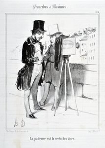 Proverbs and Maxims: “Patience is the virtue of donkeys” Engraving by Honore Daumier. Extract from the newspaper “Le Charivari”