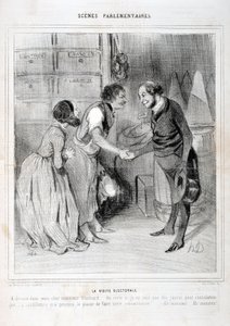Artwork by Honore Daumier Charivari dates from 1843: Serie SCENES PARLIAMENTARY. The election visit