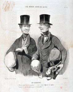 Artwork by Honore Daumier (1808-1879). Charivari dates from 1845: Serie LES BEAUX DAYS DE LA VIE. In Carnival -Let