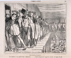 A visit to the baths: “The queue at the door of the cabinets... -Or the steam bath before the cold bath” Engraving by Honore Daumier. Extract from the newspaper “Le Charivari” by Honoré Daumier