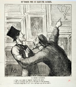 Sketches Taken at the Salon: A whimsical painter. “Here, see how I understand the apotheosis of a martyr... -But I can see only the two feet of your person. -The head is already in heaven” Engraving by Honore Daumier. Extract from the newspaper “Le Chariva