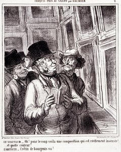 Cartoon about art lovers. Series “Sketch taken at the Salon by Daumier”: “Visitor: Oh! for the coup here is a really insane composition (...). Artist: Bourgeois cretin, go!” Engraving by Honore Daumier. Extract from the newspaper “Le Charivari” by Honoré Daumier