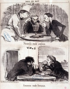 Cartoon about gastronomic abuse. “Paris who drinks” series: new English fashion and old French fashion. Engraving by Honore Daumier. Extract from the newspaper “Le Charivari” 23 June 1852 by Honoré Daumier