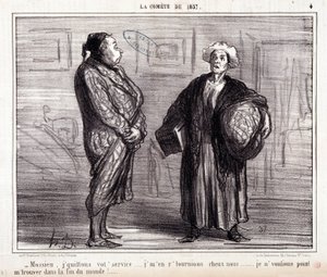 Cartoon about science. Series “On the Comet of 1857”: “Mossieu, I leave your service...” Engraving by Honore Daumier. Extract from the newspaper “Le Charivari” on March 13 by Honoré Daumier